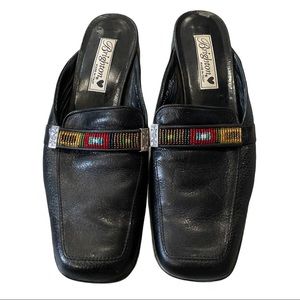 Brighton "Lucy" slip ons Black leather Aztec beads
